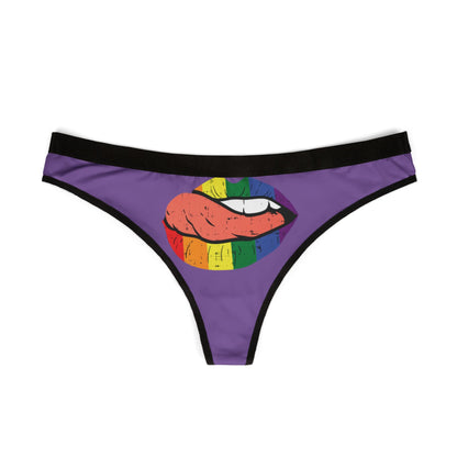 Elegant women's thong showcasing a striking illustration of rainbow lips, elegantly displayed on a purple fabric, perfect for adding a humorous touch to intimate wear.