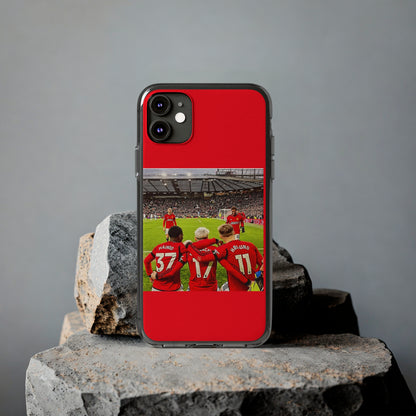 Stylish display of the Manchester United Mainoo Garnach Hojlund Soft Phone Case on a textured background, illustrating its luxury design for passionate soccer fans.