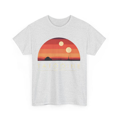 Tatooine Graphic Unisex Tee Shirt in grey featuring a stunning sunset design with two suns, showcasing luxury and style, Est 1977.