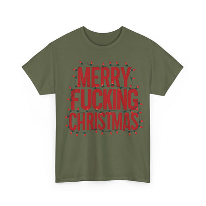 Merry Christmas Graphic T-Shirt in olive green featuring bold red text with decorative lights, ideal for festive luxury style.