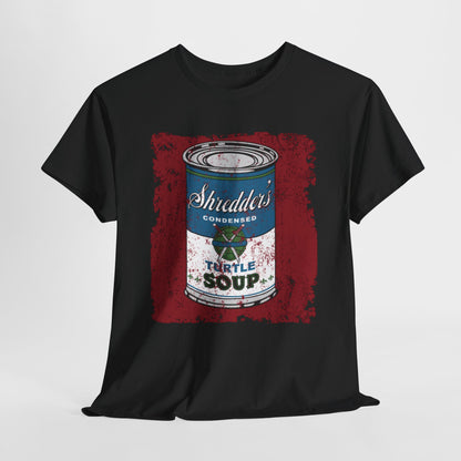Ninja Turtles Soup Unisex Mens Women's Graphic Funny T Shirt Tee with 'Shredder's Condensed Turtle Soup' design on a black background, showcasing a modern urban aesthetic.
