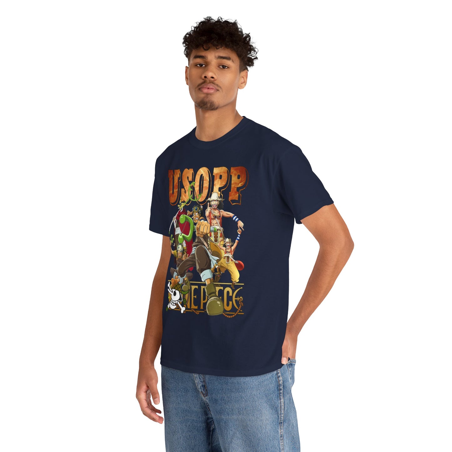 Chic young man modelling the navy Usopp t-shirt, featuring vibrant anime graphics, ideal for showcasing a refined casual style in any setting.