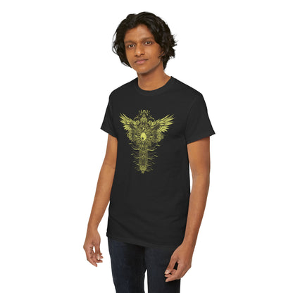 Portrait of a male model wearing the luxurious ornate men's t-shirt featuring intricate designs of a decorative cross and wings, emphasising comfort and fashionability.