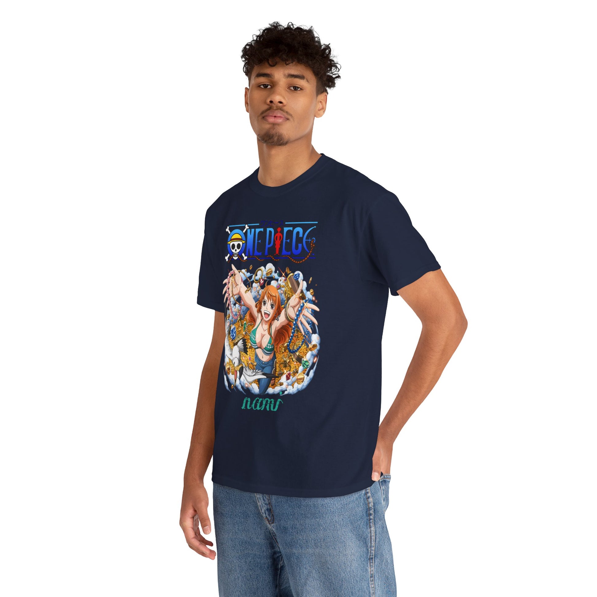 Model showcasing a luxury navy blue t-shirt with a stunning illustration of Nami from One Piece, exuding confidence and style amid a background rich with treasures.