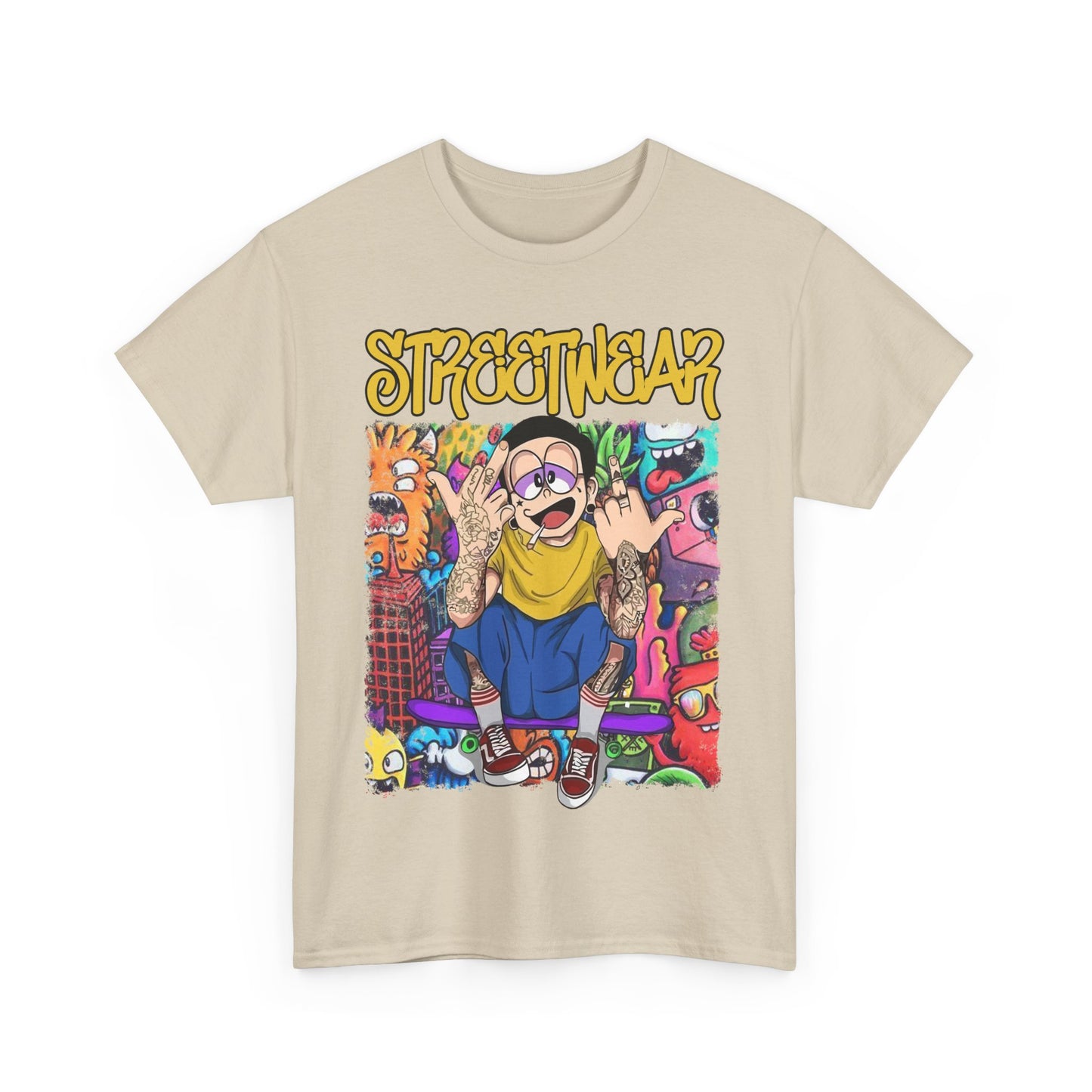 Front view of the Rebel Vibes T-shirt in a sophisticated beige, featuring a striking cartoon design that captures urban street style.