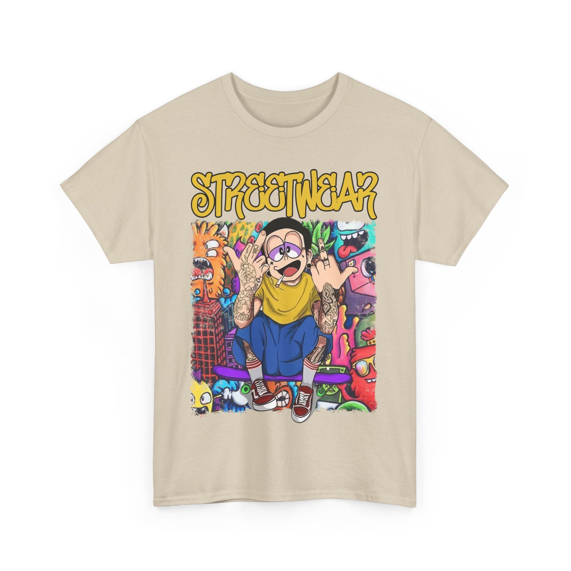 Front view of the Rebel Vibes T-shirt in a sophisticated beige, featuring a striking cartoon design that captures urban street style.