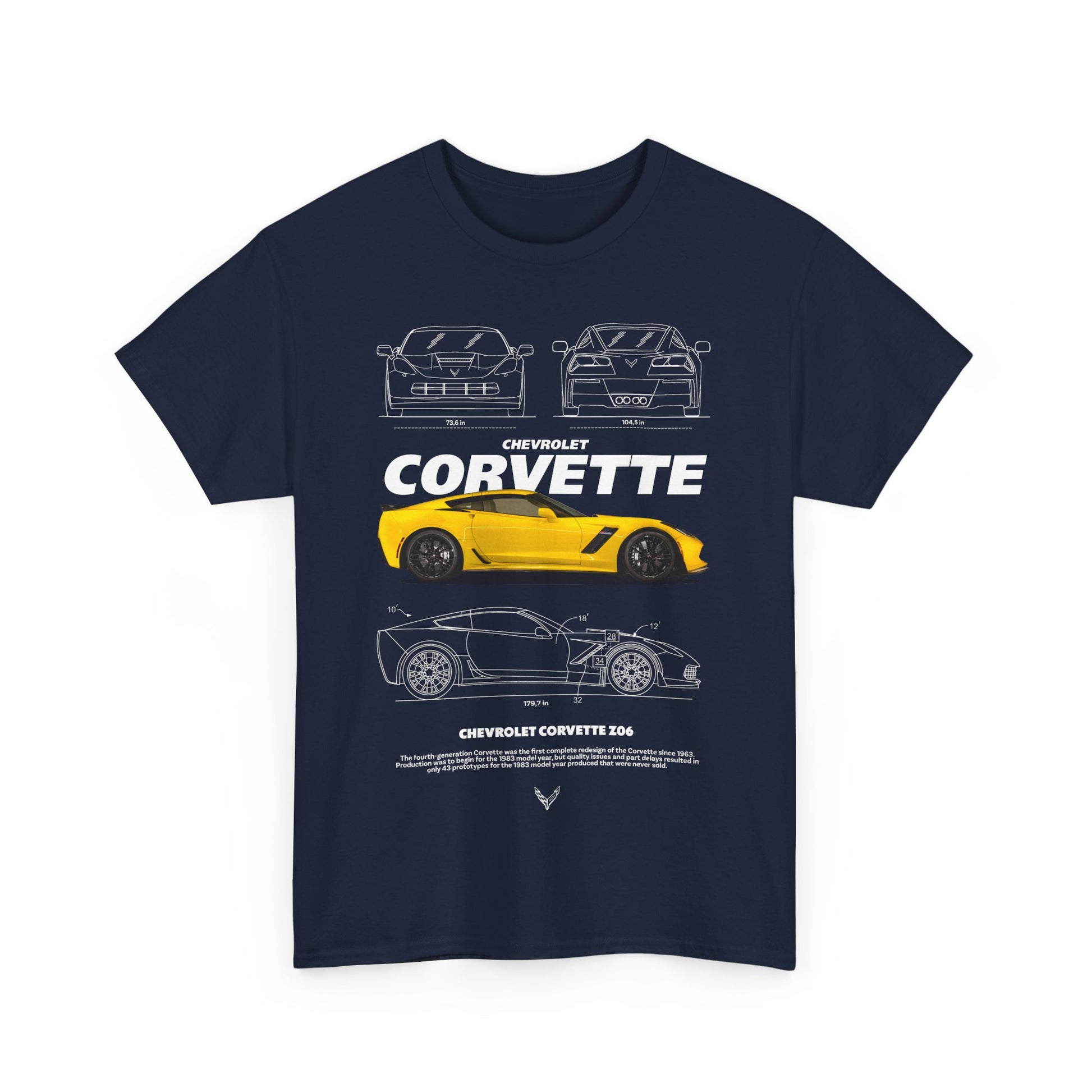 Elegant navy Chevrolet Corvette Z06 t-shirt displaying a detailed illustration of the iconic yellow Corvette, ideal for car lovers seeking stylish apparel.