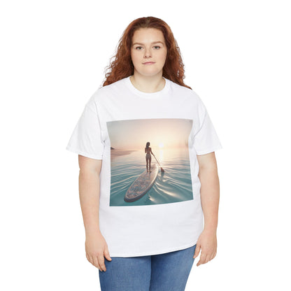 Model wearing Dazzling Dreams Paddle Board T-Shirt, combining style and comfort for outdoor adventures by Dazzling Dreams Studio.