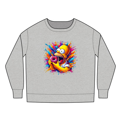 Child's Urban Homer’s Hungry Delight Sweatshirt featuring a vibrant graphic of Homer Simpson mid-bite into a donut, surrounded by a burst of bright colours, suitable for ages 2-7 years.