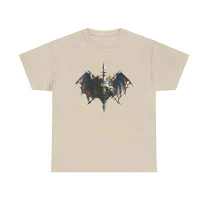 High-quality beige cotton tee showcasing a captivating warlord design with gothic aesthetics, suitable for a stylish unisex look. Ideal for casual outings or fantasy-themed gatherings.