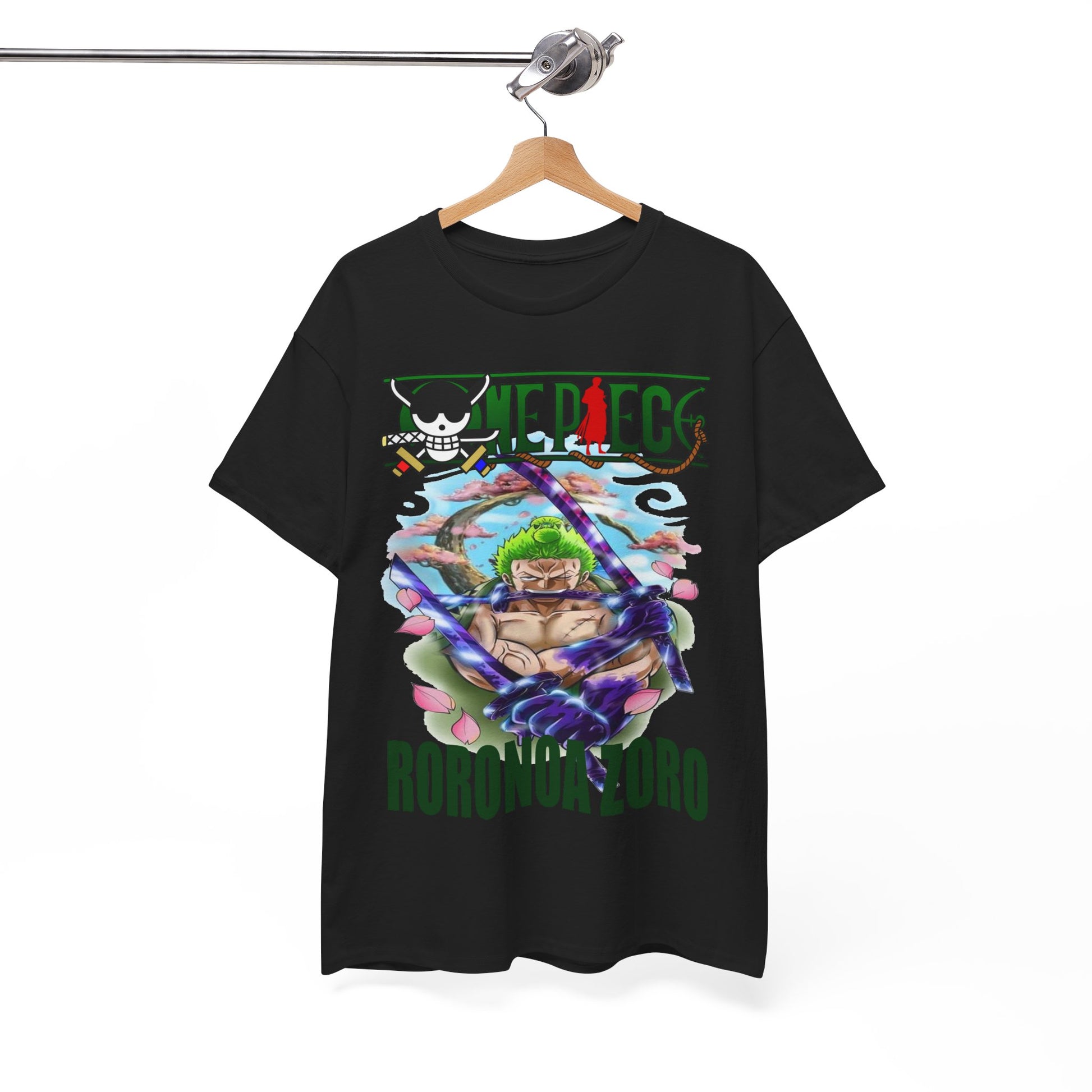 Elegant Roronoa Zoro T-Shirt hanging on a premium wooden hanger, highlighting its captivating anime graphic against a chic black background, suitable for all occasions.