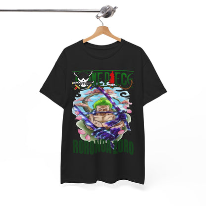 Elegant Roronoa Zoro T-Shirt hanging on a premium wooden hanger, highlighting its captivating anime graphic against a chic black background, suitable for all occasions.