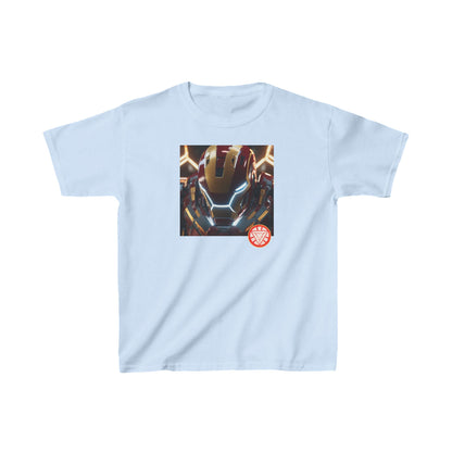 Kids Iron Man Heavy Cotton T-Shirt with Hulk Print in soft blue, presenting a striking Iron Man image and logo, a luxurious choice for young adventurers.