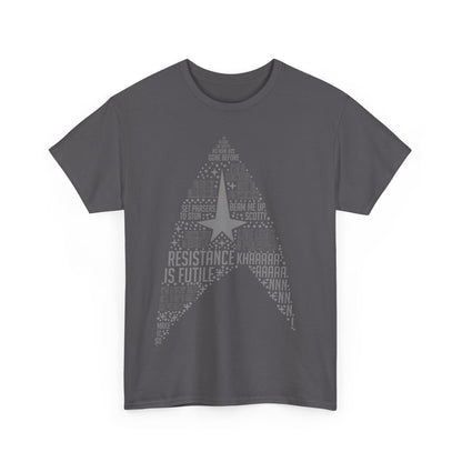 Front view of the Star Trek Federation Logo Art Graphic Unisex T-Shirt Tee in grey, adorned with iconic Starfleet quotes.