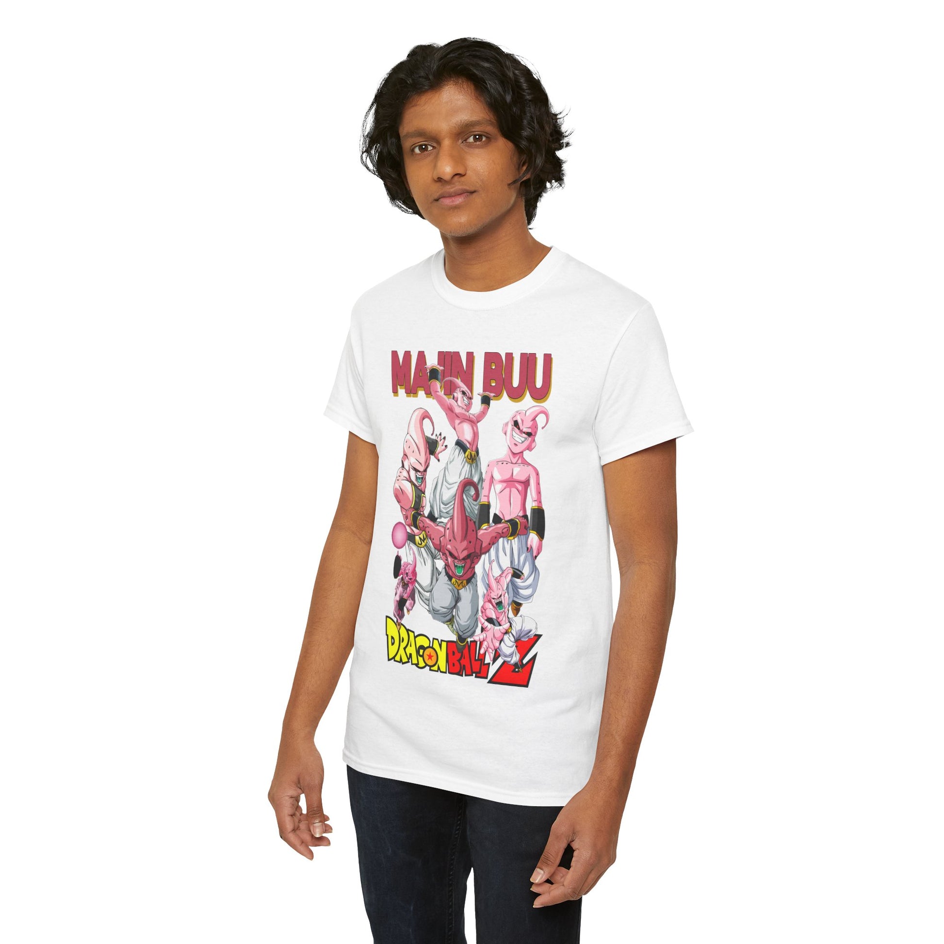 Another model wearing a white t-shirt featuring an intricate graphic of Majin Buu and characters from Dragon Ball Z, highlighting an artistic blend of colour and form.