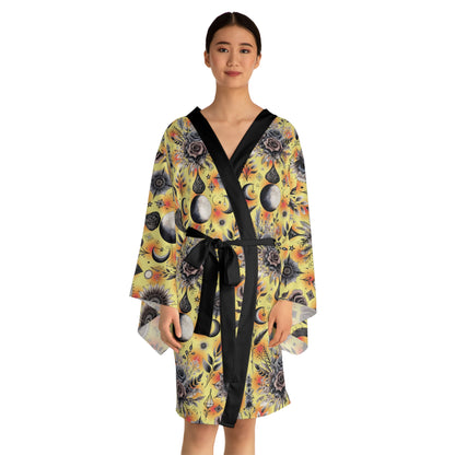 Floral Kimono Robe for Women, showcasing a stylish floral print with black accents, perfect for luxurious lounging and boho chic relaxation.