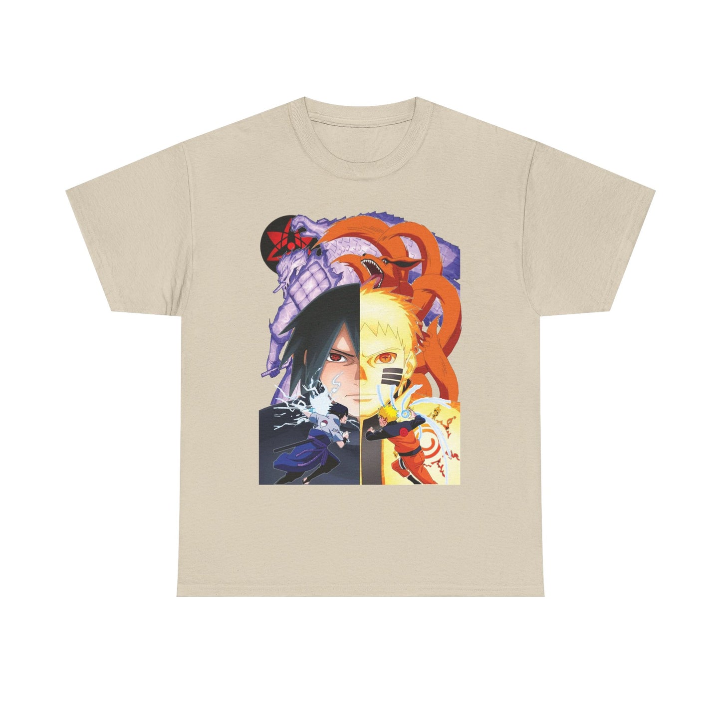 Chic beige T-shirt adorned with a dramatic portrayal of Sasuke and Naruto, capturing the essence of their rivalry in vibrant hues, a must-have for fashion-forward anime enthusiasts.