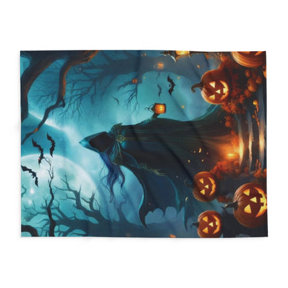 Decorative and Warm Halloween Spooky Arctic Fleece Blanket displaying eerie Halloween motifs of bats, moonlight, and pumpkins, perfect for adding a sophisticated charm to your seasonal gatherings.