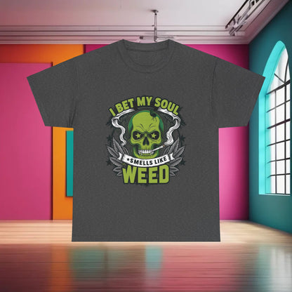 420 Cannabis Marijuana Graphic T-Shirt showcasing a unique skull graphic and the slogan 'I Bet My Soul Smells Like Weed', ideal for stylish unisex fashion.
