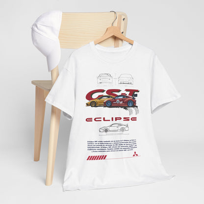Elegant Mitsubishi Eclipse GST t-shirt displayed with a cap on a wooden chair, featuring detailed car artwork and bold branding, embodying sophistication for car aficionados.
