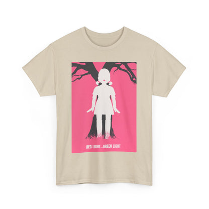 Squid Game Unisex Men´s Women´s Graphic Cotton Funny T Shirt displayed frontally, highlighting the bold 'Red Light... Green Light' print, an ideal choice for those who dare to stand out.