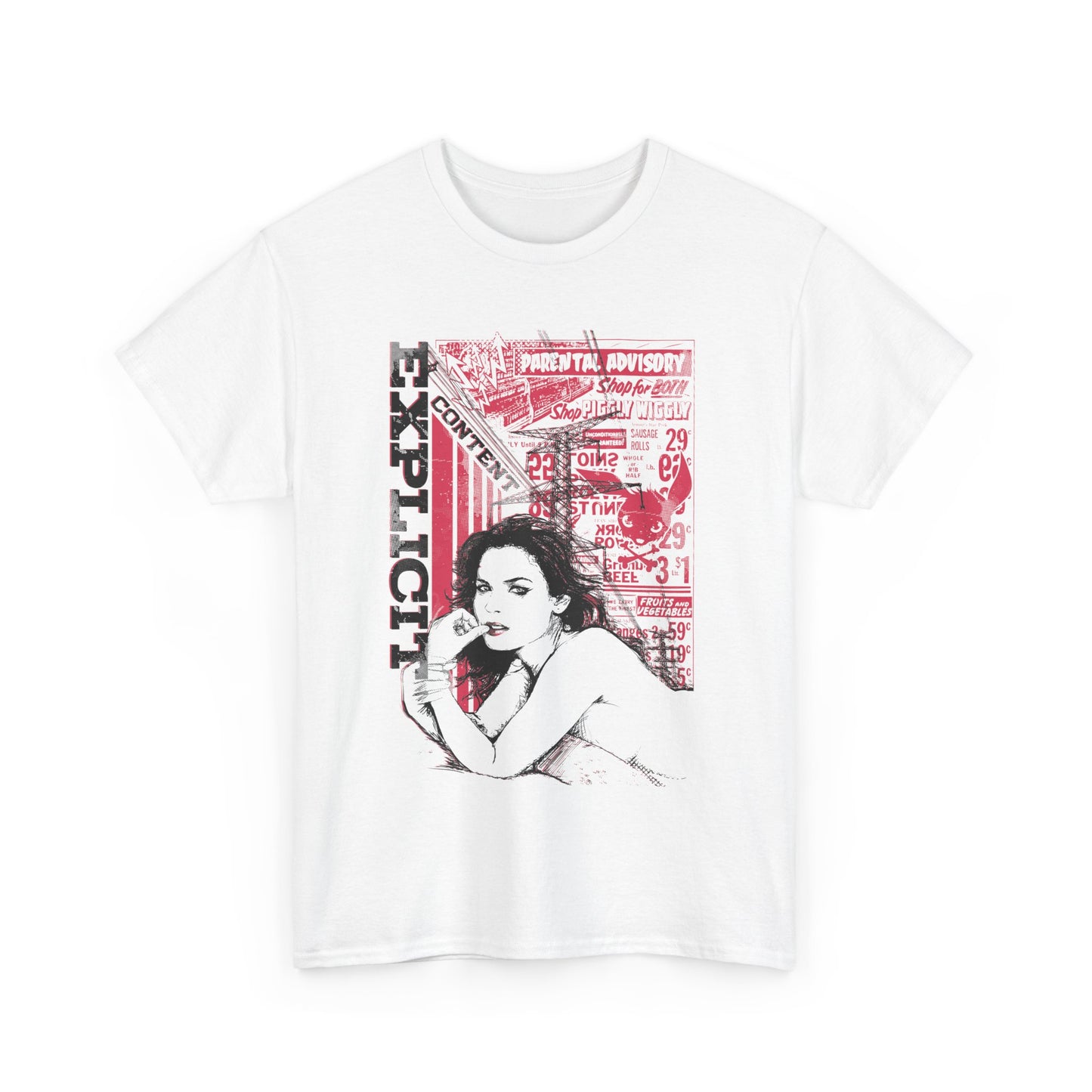 Chic white vintage graphic t-shirt with a striking illustration of a woman and 'EXPLICIT' text, embodying a fusion of modern and vintage allure.