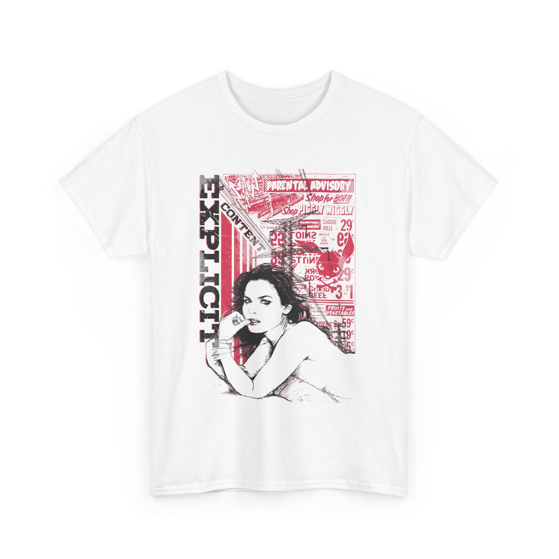 Chic white vintage graphic t-shirt with a striking illustration of a woman and 'EXPLICIT' text, embodying a fusion of modern and vintage allure.