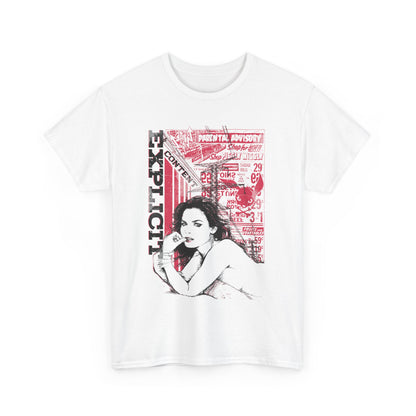Chic white vintage graphic t-shirt with a striking illustration of a woman and 'EXPLICIT' text, embodying a fusion of modern and vintage allure.
