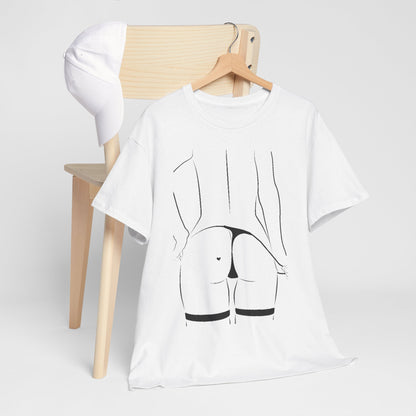 Chic unisex T-shirt with a contemporary black line art design, featuring a captivating silhouette, set against a minimalist backdrop for a modern aesthetic.