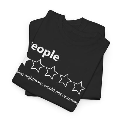 Luxurious folded black t-shirts, elegantly displayed with distinct ‘People’ branding and unique star rating design, ideal for statement clothing.