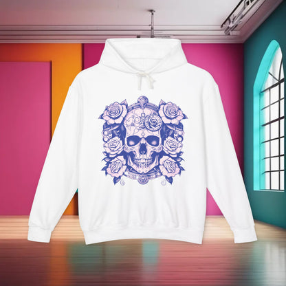 Steampunk Skull Roses Lightweight Hoodie showcased in white, featuring an artistic skull and roses graphic, perfect for trendy unisex streetwear.