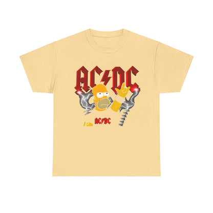 Homer Rock & Roll Unisex Cotton Tee Graphic T Shirt in light yellow presenting a whimsical portrayal of Homer Simpson posing with AC/DC logos and electrifying lightning, perfect for making a fashion statement.