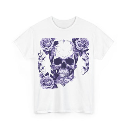 Close-up front view of the Skulls and Roses Cotton Tee showcasing its intricate skull and rose artwork, embodying edgy style with luxurious comfort.
