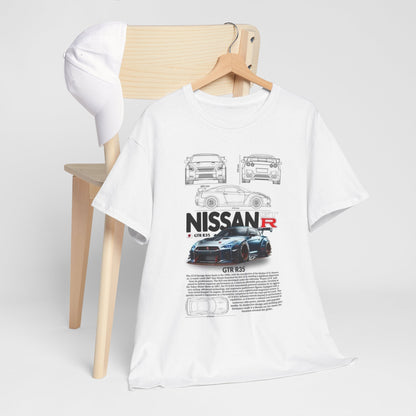 Luxury Nissan GTR R35 T-Shirt on a wooden hanger, emphasising technical sketches and historical context of the car, perfect for car lovers.