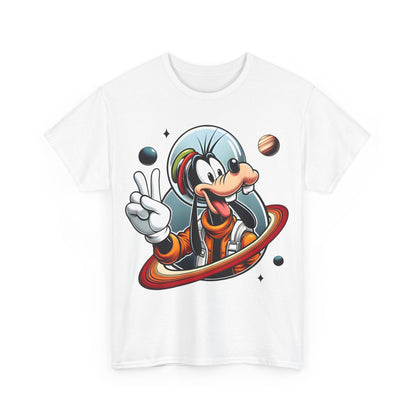 Elegant unisex graphic tee shirt featuring a whimsical Goofy astronaut illustration in vibrant colours, titled 'Blast Off with Goofy Astronaut Graphic Unisex Graphic Tee Shirt'.