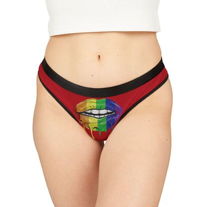 Luxury women's thong featuring a vibrant red design and an artistic depiction of colourful lips, perfect for cheeky celebrations.