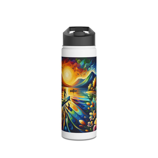 Stylish Fantasy Paddleboarding Stainless Steel Water Bottle showcasing colourful sunset over a serene lake with paddleboarders.