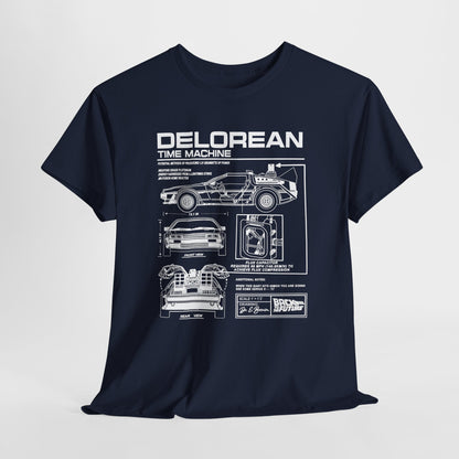 Chic t-shirt adorned with the DeLorean time machine blueprint, artfully presenting its engineering excellence in a contemporary style.