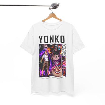 Stylish YONKO t-shirt hanging on a wooden hanger, showcasing intricate anime character designs of Shanks, Kaido, and Big Mom, ideal for discerning anime fans.