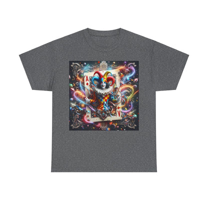 Sophisticated Harlequin Playing Card Graphic Tee in dark grey, featuring an artistic clown design, designed for a versatile unisex fit.