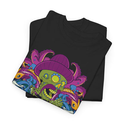 Folded black Vibrant Skeleton Embrace T-Shirt displayed with an eye-catching skeleton design, showcasing unique artistic flair and style for discerning customers.