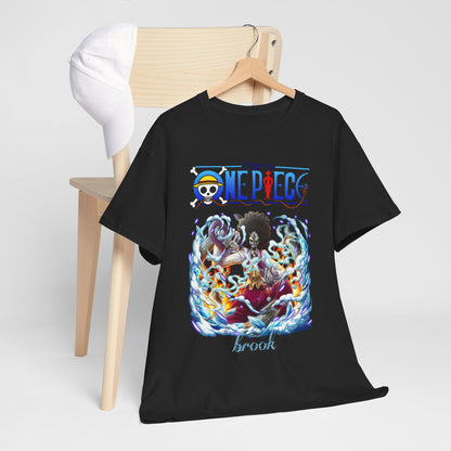 Stylish black men's t-shirt featuring an intricate design of Brook from One Piece, elegantly displayed on a wooden hanger, with a fashionable cap nearby, highlighting its trendy appeal.