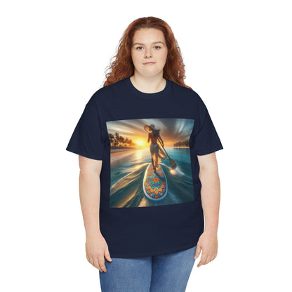 Elegant paddleboarding scene on Dazzling Dreams Studio's Luxury Paddle Board T-Shirt, designed for comfort during water sports.