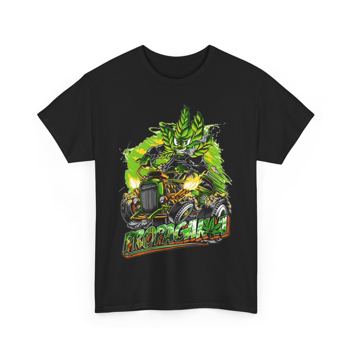 Stylish black men's t-shirt featuring a vibrant cannabis leaf character and vintage hot rod graphic design, ideal for enthusiasts of automotive and herbal culture.