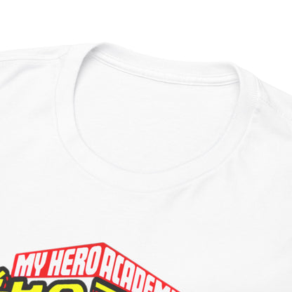 Close-up shot of the luxurious collar of a white Izuku Midoriya T-shirt, showcasing high-quality fabric and bold My Hero Academia branding.
