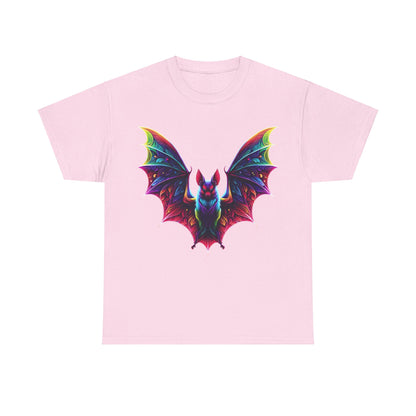 Radiant Evolution Bat Tee - Elegant unisex cotton t-shirt in soft pink, showcasing a dazzling bat graphic in radiant colours, perfect for casual luxury.