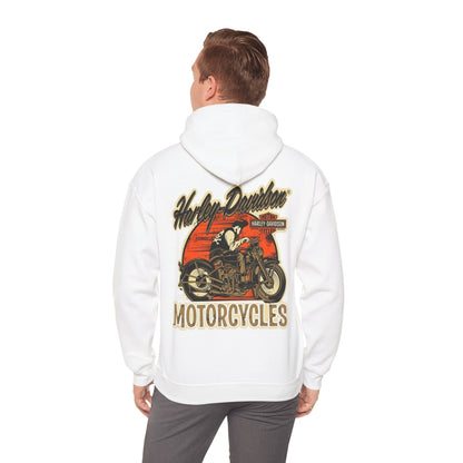 Luxury Vintage Harley-Davidson hoodie with a stunning back print showcasing a classic motorcycle against a sunset backdrop, ideal for adventurers who value style and comfort.