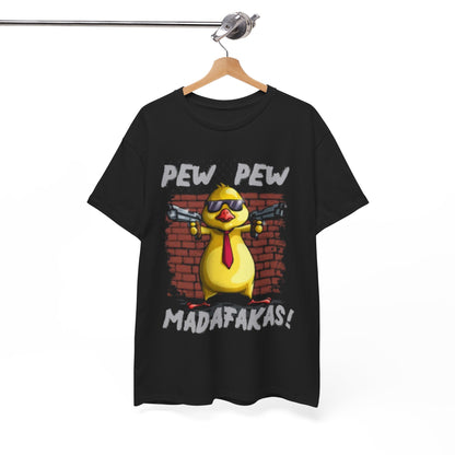 Stylish hanging display of the Funny Chicken T-Shirt, adorned with a cartoon gangster chicken design against a brick wall, featuring 'PEW PEW MADAFAKAS!' text, perfect for casual and fun fashion.