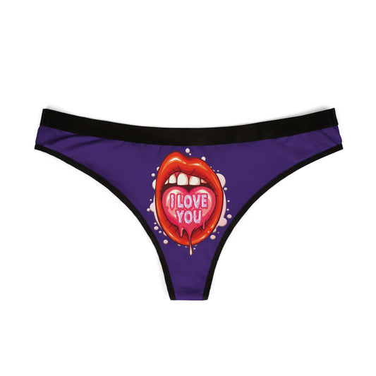 Elegant illustration of a women's thong showcasing bold red lips with dripping details and the phrase 'I LOVE YOU' on a luxurious purple fabric.