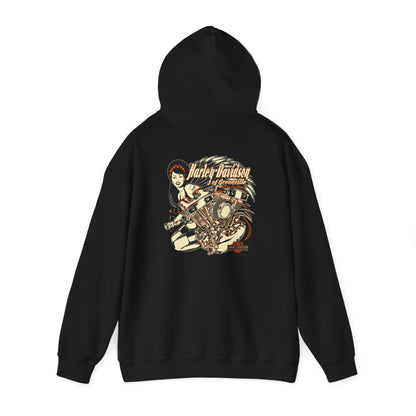 Stylish black hoodie displaying a luxurious Harley-Davidson design on the back, perfect for contemporary street style.